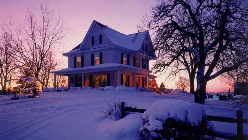 Winter Sunset over Victorian House