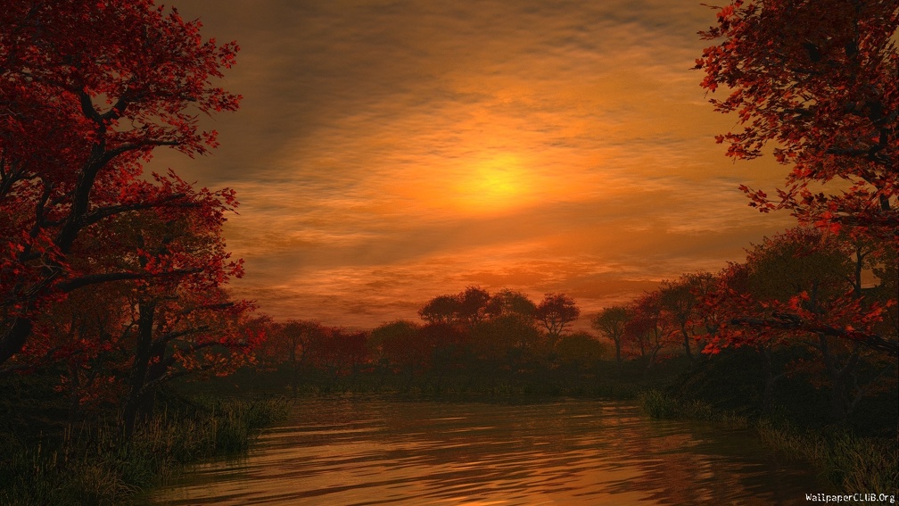 Beautiful Autumn Forest Sunset over Lake
