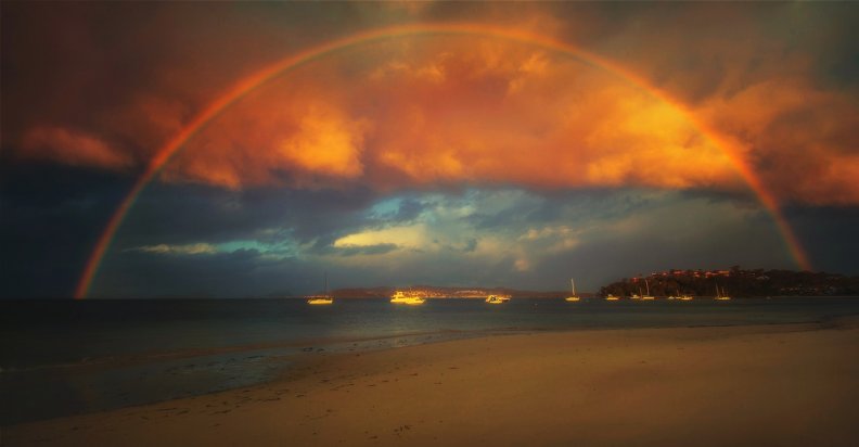 Rainbow, Sunset And Beach