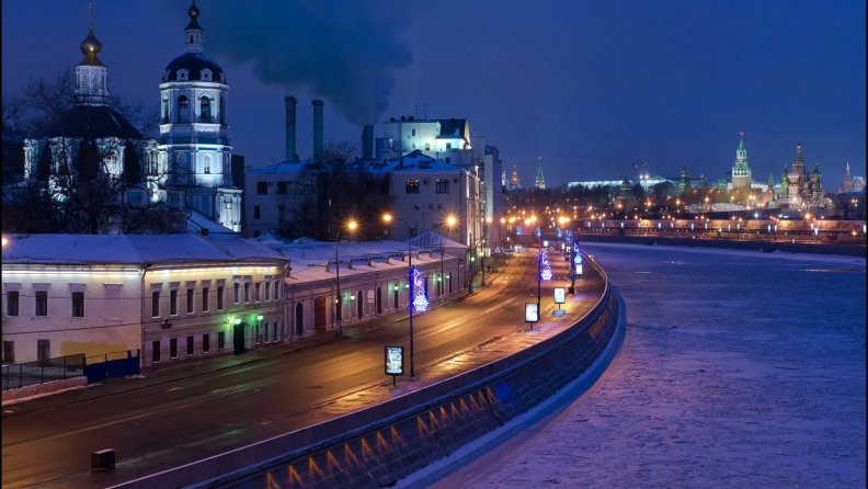 frozen river in moscow at night