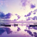 boats reflections in a purple ocean sunset