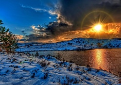magnificent sunset over river winterscape hdr