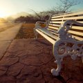 bright sunrise on a street bench