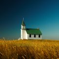lovely green roofed church in wheat fields