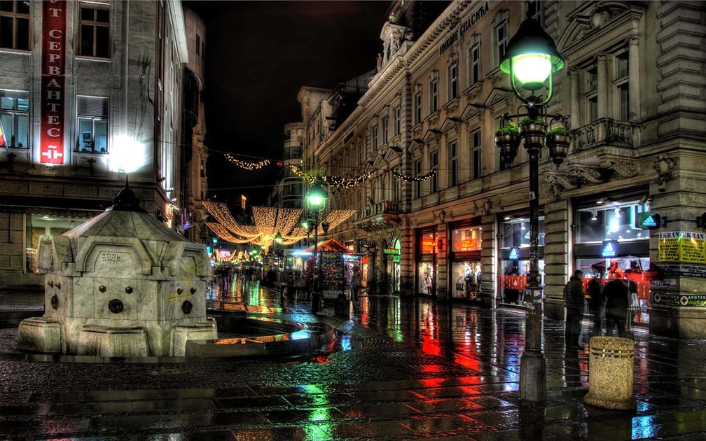 town square on a rainy night hdr