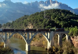 train on a rail bridge over a river gorge