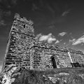 old brentor church in black and white