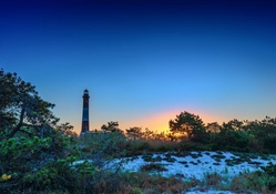 tall lighthouse among beach shrubs at twilight hdr
