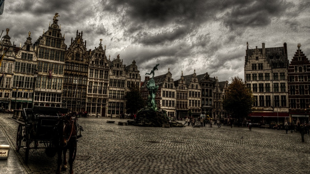 storm clouds over city square in antwerp belgium hdr