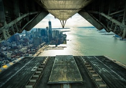 view of nyc waterfront from a plane's cargo doors
