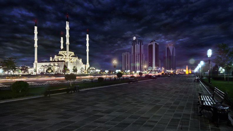majestic mosque in grozny chechnya at night
