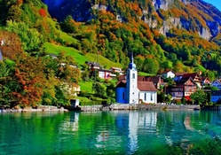 church in a lakefront village