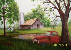 Painting of an old barn with an old pickup truck