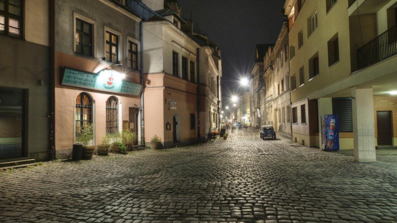 cobblestone city street late at night hdr