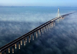 glorious jiaozhou bay bridge in fog