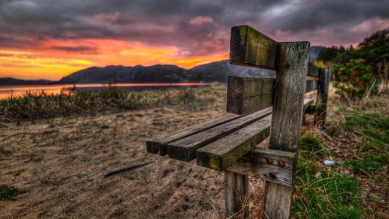 wooden bench at sunset hdr