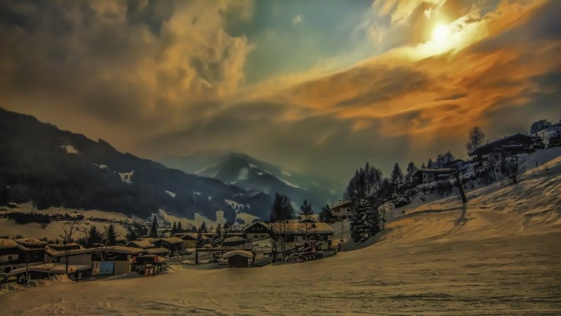 austrian mountain village in winter hdr