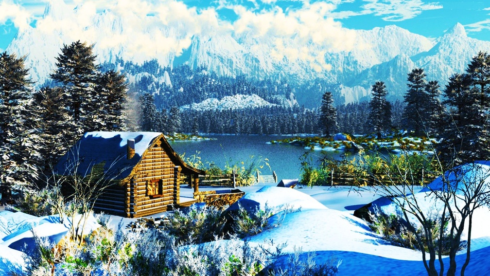 log cabin in a winterscape