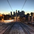 trolley tracks over a city bridge hdr