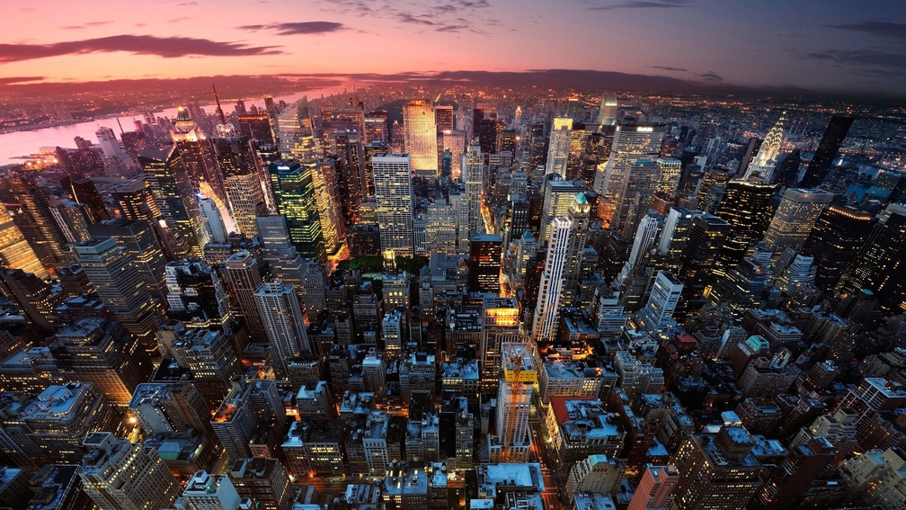 fantastic top view of new york city at sunset