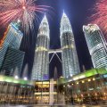 magnificent fireworks at petronas towers in kuala lumpur hdr
