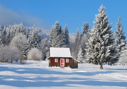 wonderful red trimmed cabin in winter