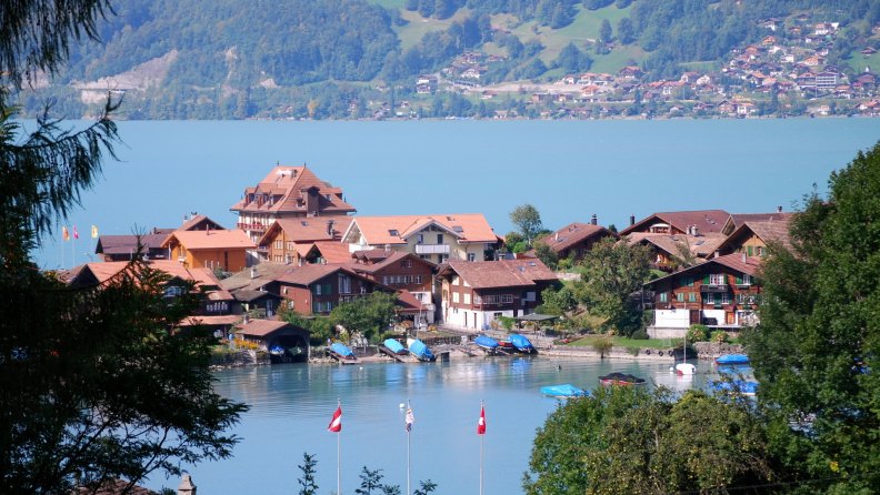town of iseltwald on lake brienz switzerland