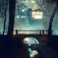 bridge in a park backlit at night
