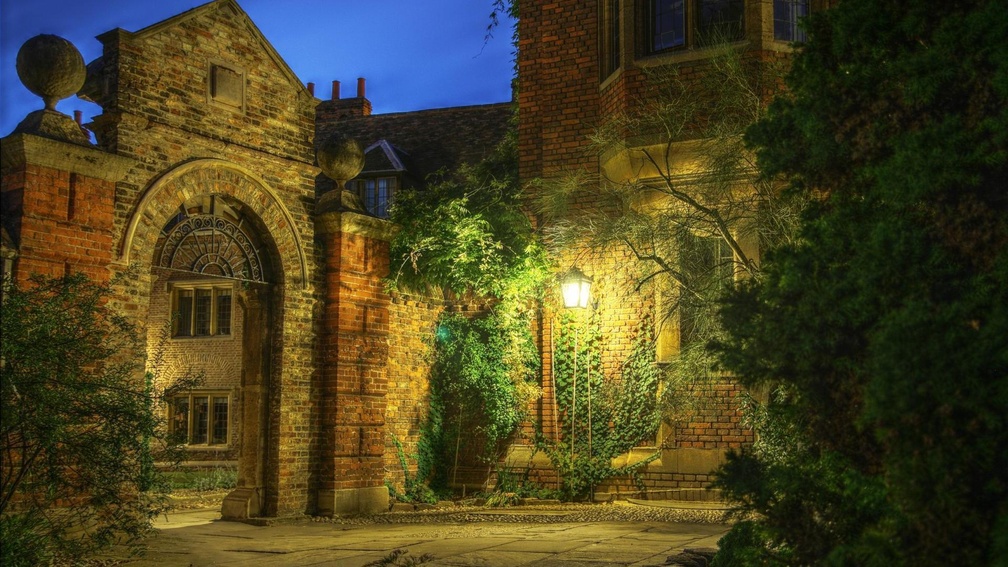 patio of a lovely manor house in evening