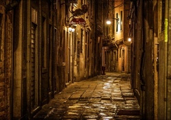 beautiful stone alley in venice at night