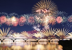 fantastic fireworks above a bridge