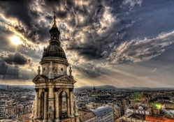 sunbeams over cathedral in budapest hdr