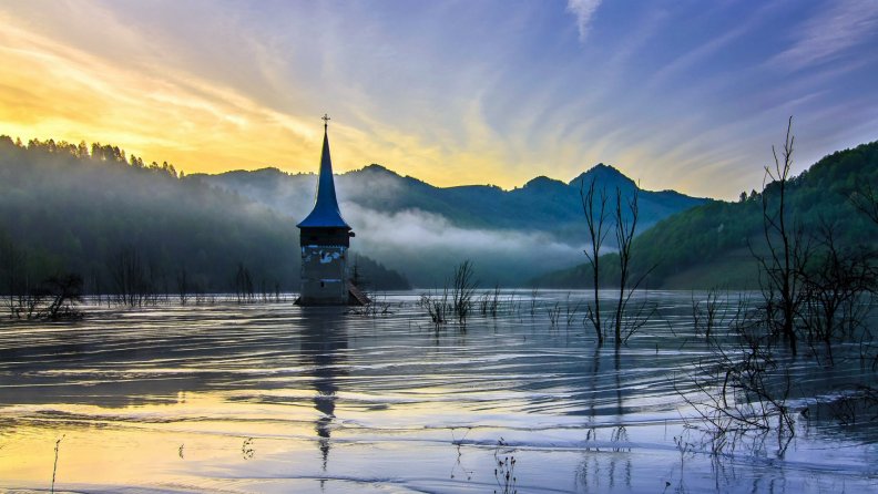 underwater church in a flooded lake