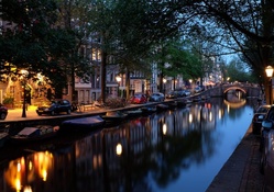beautiful amsterdam canal at dusk