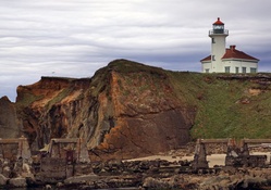 lighthouse on a cliff above a beach