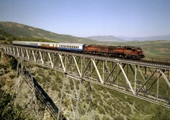 workhorse train on a tall bridge over a gorge