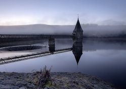 pier in a water reservoir in the morning
