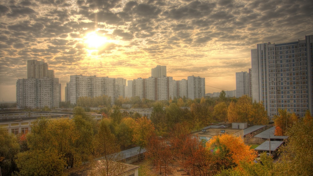 apartments and park in russian city in fall hdr