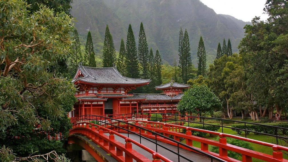 red bridge at japanese temple