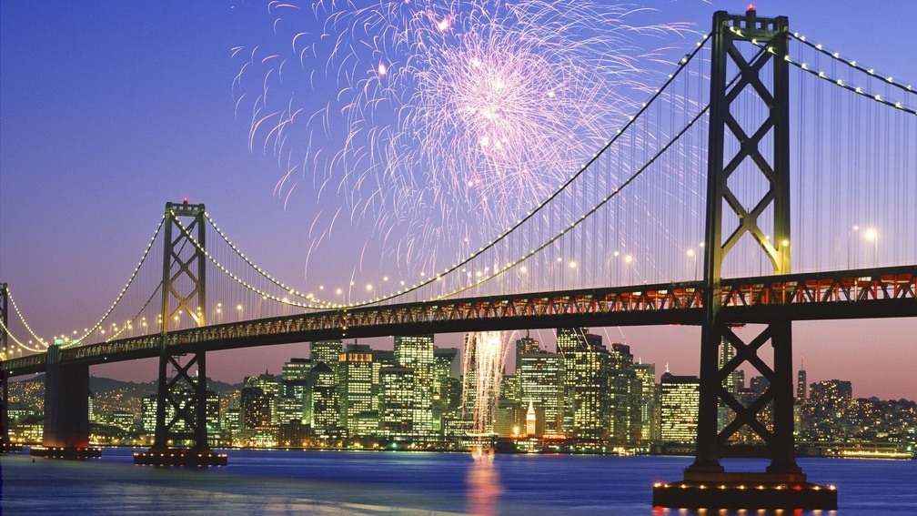 fireworks over bay bridge in frisco