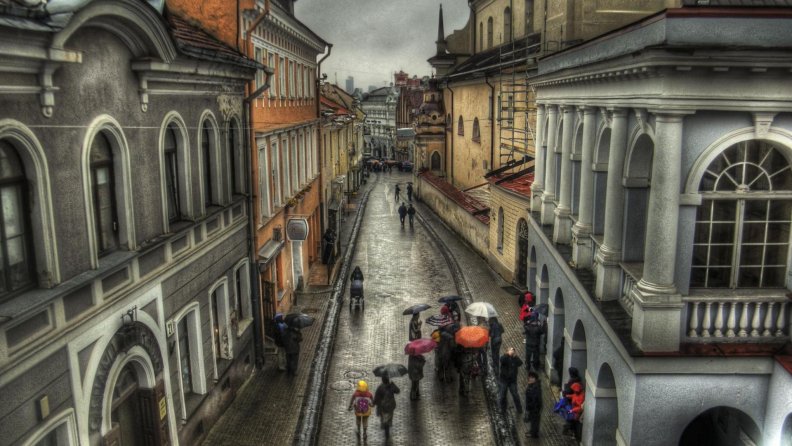 rain on street in old vienna austria hdr