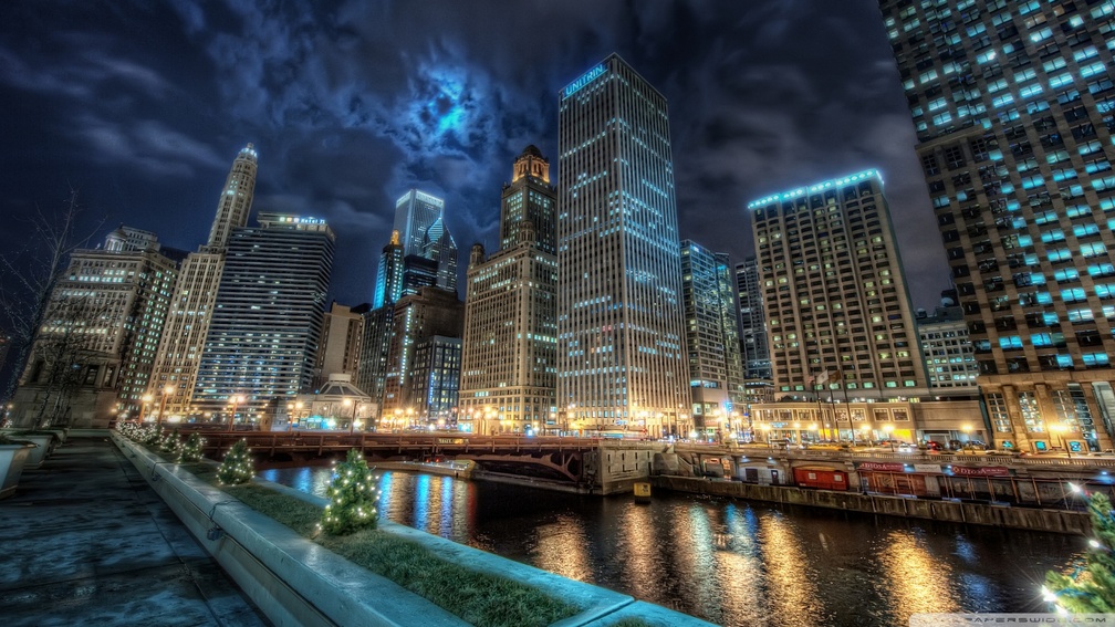 downtown chicago at night hdr