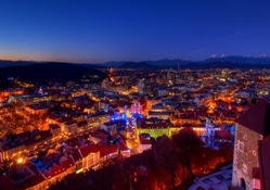 gorgeous mountain city at night in slovenia