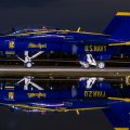 blue angel f18 hornet reflected at night
