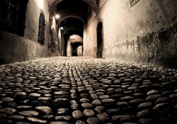 cobblestoned alley at night