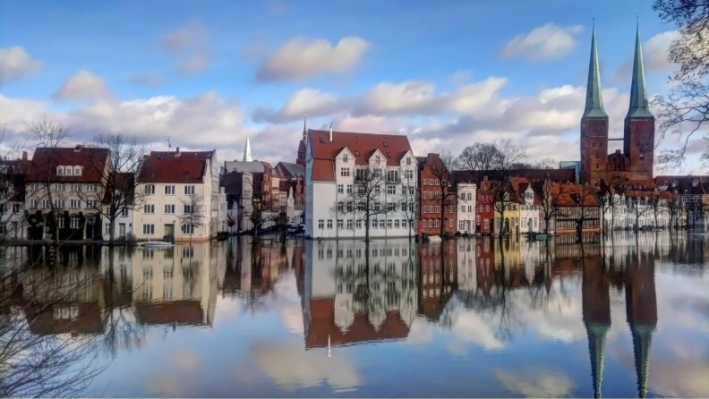 reflection in a flooded european town