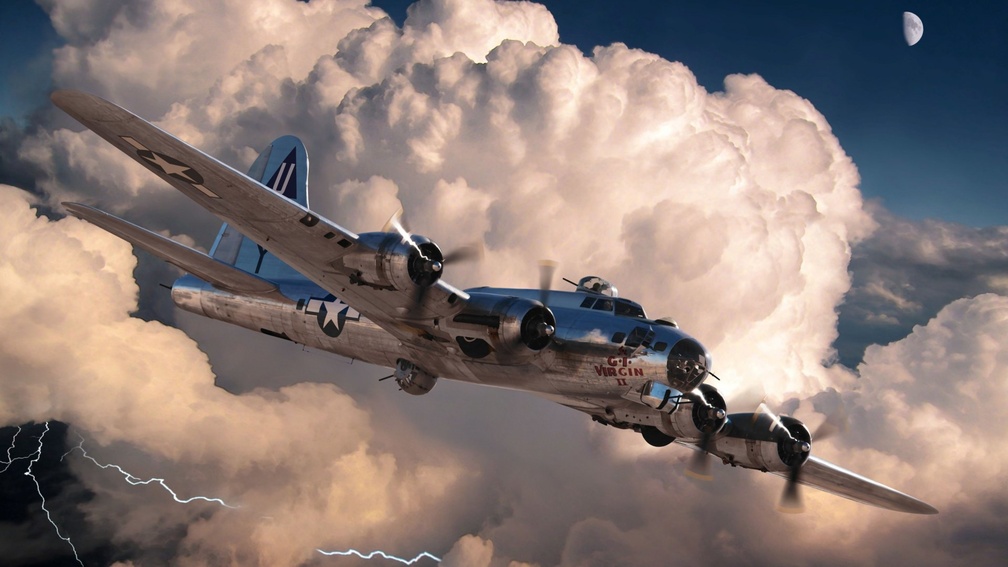 vintage b_17 bomber above a lightning storm