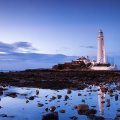 st marys lighthouse reflected in tidal pool