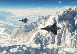 typhoon fighter jets over a majestic mountain range