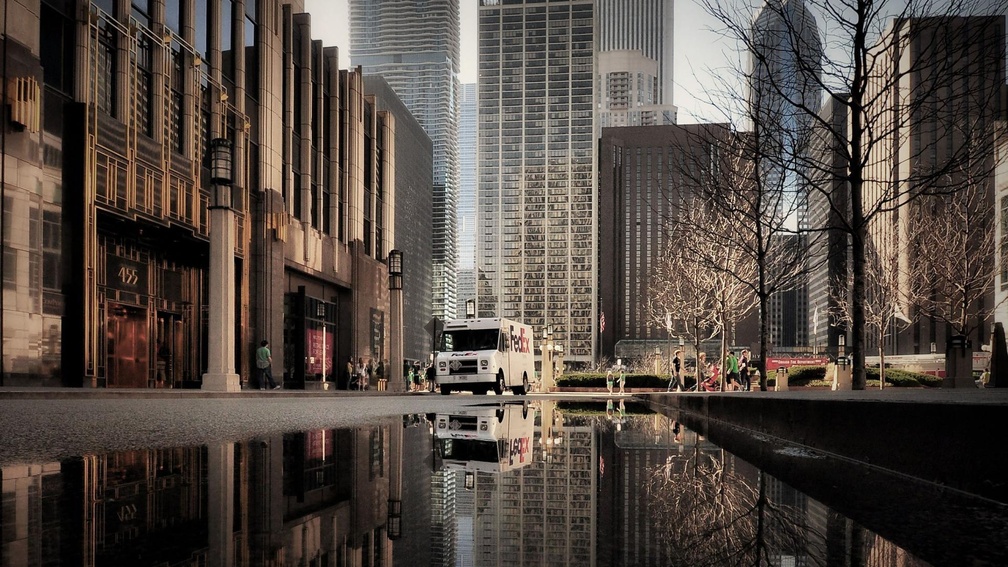 chicago reflected in a puddle